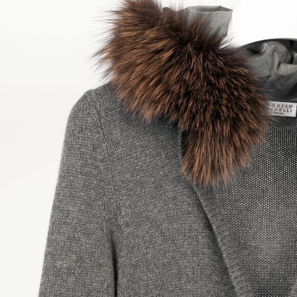 Brunello Cucinelli Grey Cashmere Fur-Trim-Hood Zip Cardigan - Picture 4 of 11